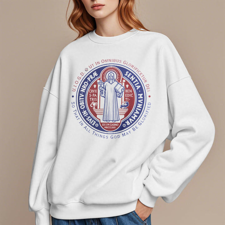 Christianartworkshop Klassisches farbiges Sweatshirt mit St.-Benedikt-Medaille, gefüttert mit Polyester - image 8