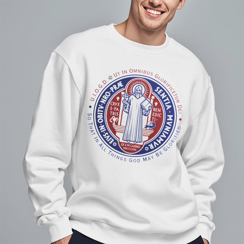 Christianartworkshop Klassisches farbiges Sweatshirt mit St.-Benedikt-Medaille, gefüttert mit Polyester - image 7