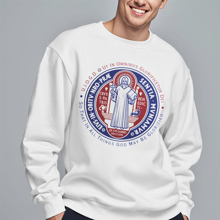 Christianartworkshop Klassisches farbiges Sweatshirt mit St.-Benedikt-Medaille, gefüttert mit Polyester - image 7