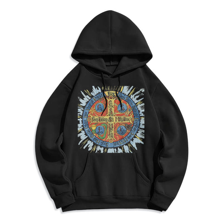 Christianartworkshop Klassischer farbiger Pax-Benediktinerkreuz-Kapuzenpullover aus Polyester mit Fleecefutter