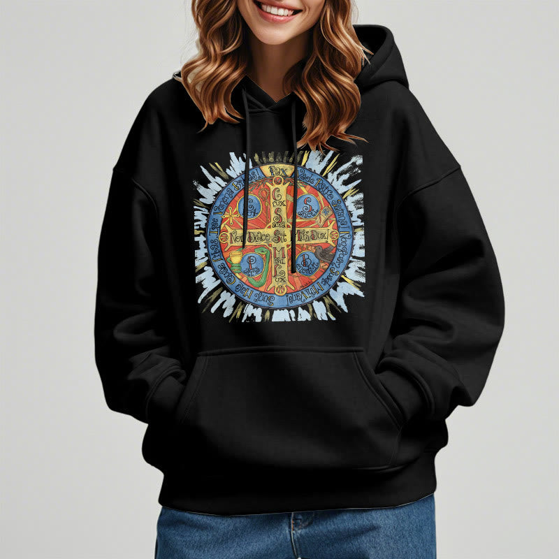 Christianartworkshop Klassischer farbiger Pax-Benediktinerkreuz-Kapuzenpullover aus Polyester mit Fleecefutter