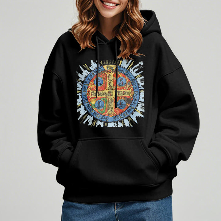 Christianartworkshop Klassischer farbiger Pax-Benediktinerkreuz-Kapuzenpullover aus Polyester mit Fleecefutter