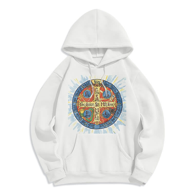 Christianartworkshop Klassischer farbiger Pax-Benediktinerkreuz-Kapuzenpullover aus Polyester mit Fleecefutter
