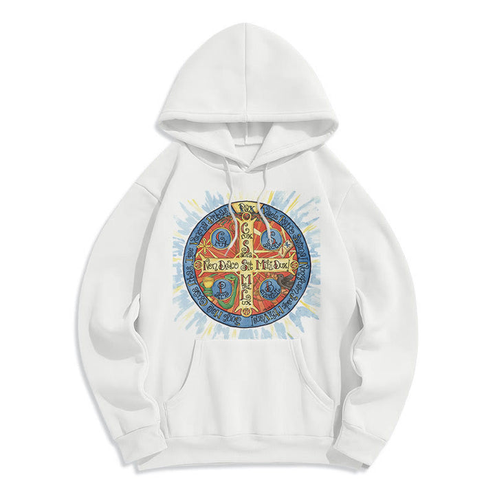 Christianartworkshop Klassischer farbiger Pax-Benediktinerkreuz-Kapuzenpullover aus Polyester mit Fleecefutter