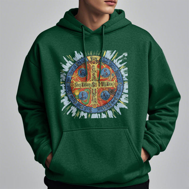Christianartworkshop Klassischer farbiger Pax-Benediktinerkreuz-Kapuzenpullover aus Polyester mit Fleecefutter