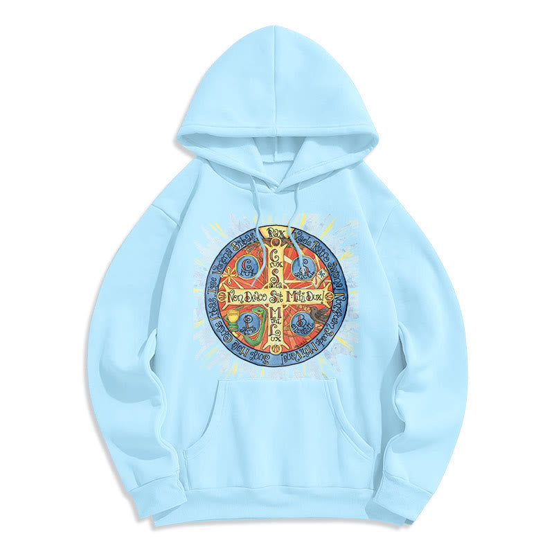 Christianartworkshop Klassischer farbiger Pax-Benediktinerkreuz-Kapuzenpullover aus Polyester mit Fleecefutter