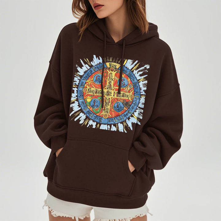 Christianartworkshop Klassischer farbiger Pax-Benediktinerkreuz-Kapuzenpullover aus Polyester mit Fleecefutter