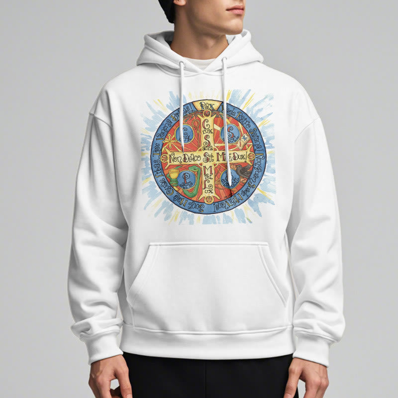 Christianartworkshop Klassischer farbiger Pax-Benediktinerkreuz-Kapuzenpullover aus Polyester mit Fleecefutter
