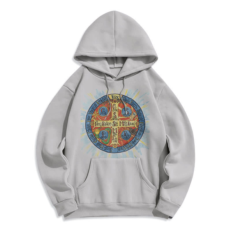 Christianartworkshop Klassischer farbiger Pax-Benediktinerkreuz-Kapuzenpullover aus Polyester mit Fleecefutter