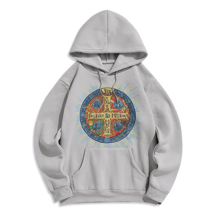 Christianartworkshop Klassischer farbiger Pax-Benediktinerkreuz-Kapuzenpullover aus Polyester mit Fleecefutter