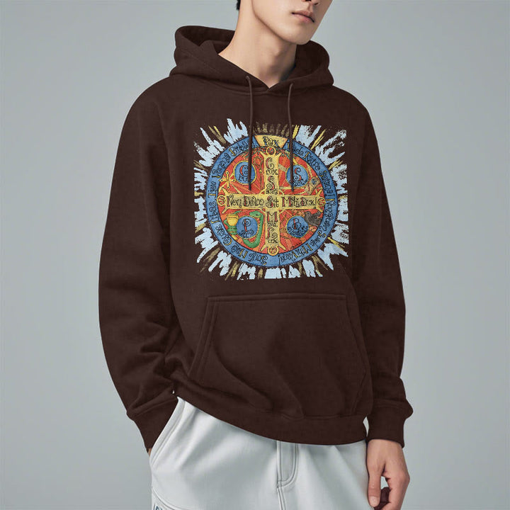 Christianartworkshop Klassischer farbiger Pax-Benediktinerkreuz-Kapuzenpullover aus Polyester mit Fleecefutter