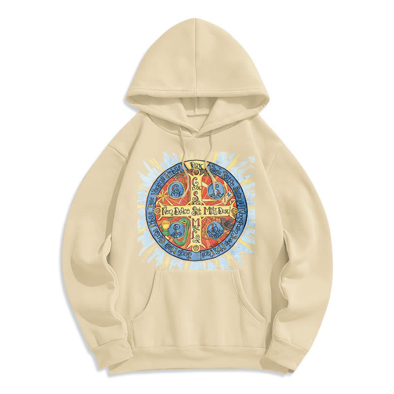 Christianartworkshop Klassischer farbiger Pax-Benediktinerkreuz-Kapuzenpullover aus Polyester mit Fleecefutter