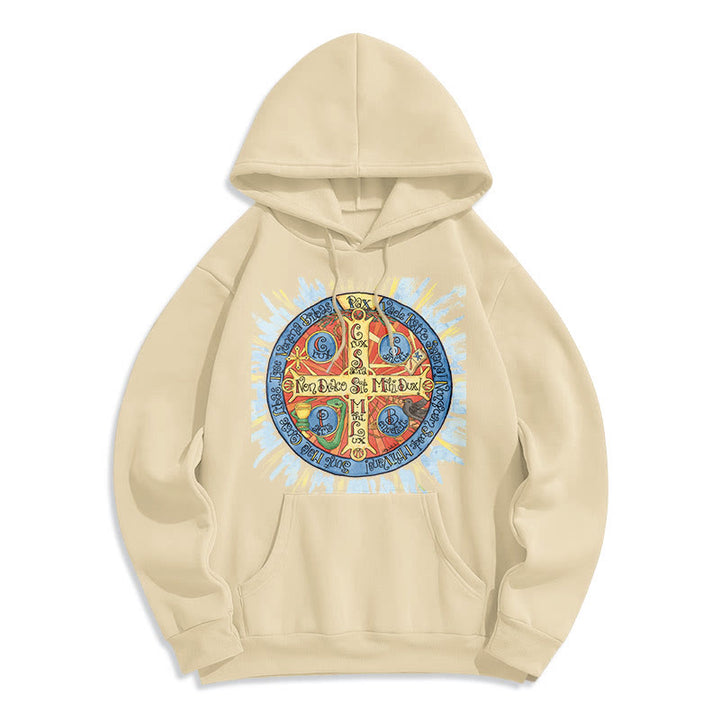 Christianartworkshop Klassischer farbiger Pax-Benediktinerkreuz-Kapuzenpullover aus Polyester mit Fleecefutter