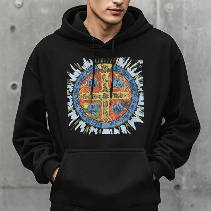 Christianartworkshop Klassischer farbiger Pax-Benediktinerkreuz-Kapuzenpullover aus Polyester mit Fleecefutter