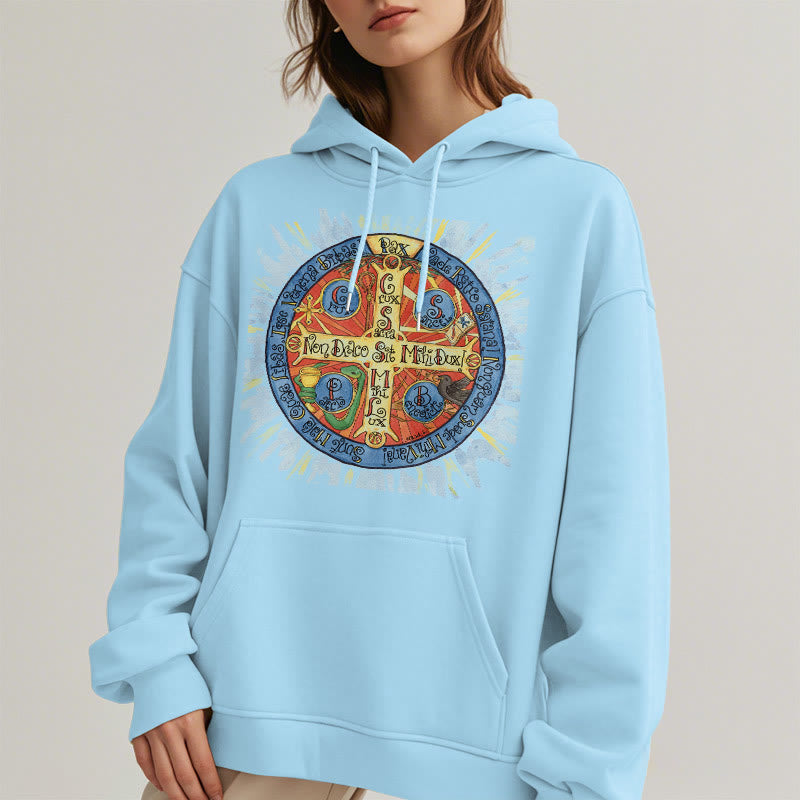 Christianartworkshop Klassischer farbiger Pax-Benediktinerkreuz-Kapuzenpullover aus Polyester mit Fleecefutter