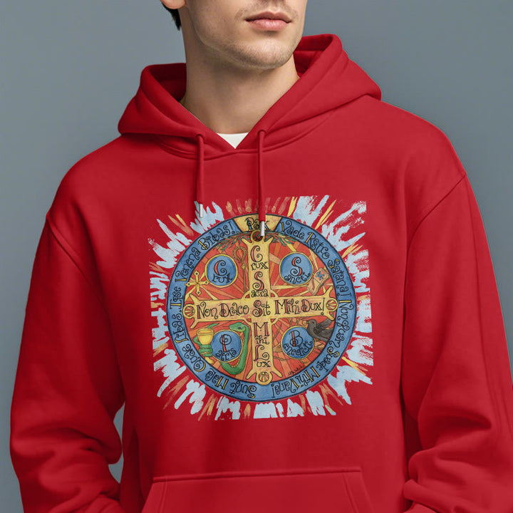 Christianartworkshop Klassischer farbiger Pax-Benediktinerkreuz-Kapuzenpullover aus Polyester mit Fleecefutter