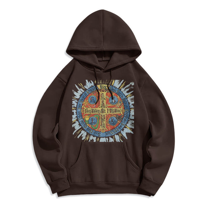 Christianartworkshop Klassischer farbiger Pax-Benediktinerkreuz-Kapuzenpullover aus Polyester mit Fleecefutter