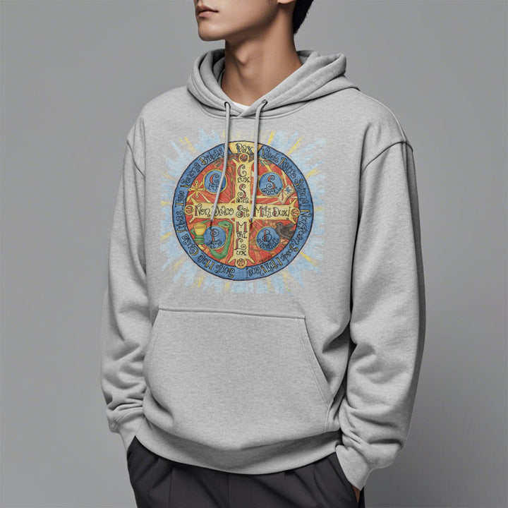 Christianartworkshop Klassischer farbiger Hoodie mit Pax-Benediktinerkreuz, gefüttert mit Polyester, Fleece-Futter - image 32