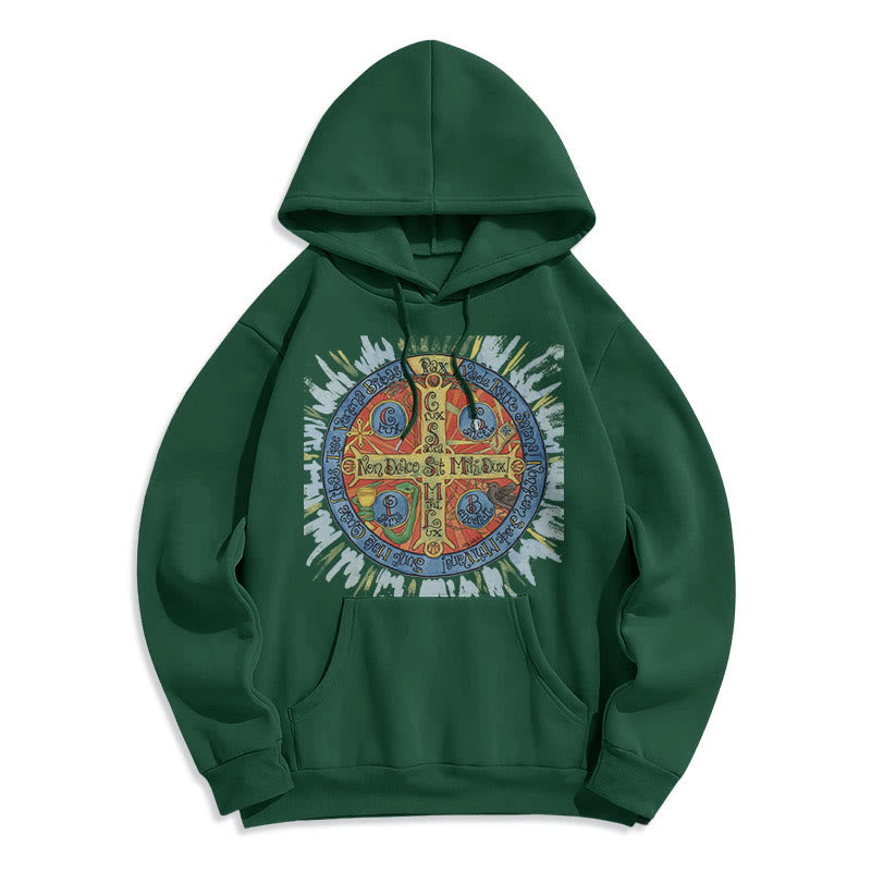 Christianartworkshop Klassischer farbiger Pax-Benediktinerkreuz-Kapuzenpullover aus Polyester mit Fleecefutter