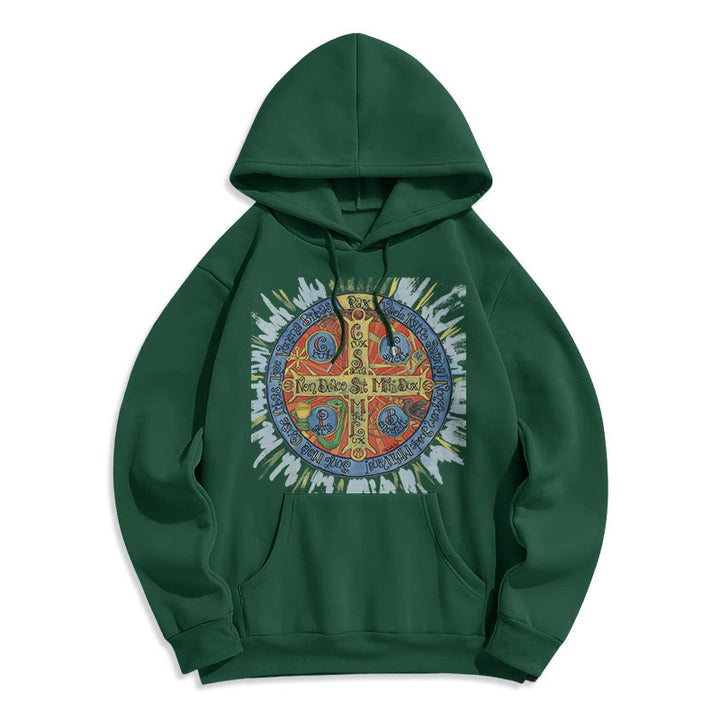 Christianartworkshop Klassischer farbiger Pax-Benediktinerkreuz-Kapuzenpullover aus Polyester mit Fleecefutter
