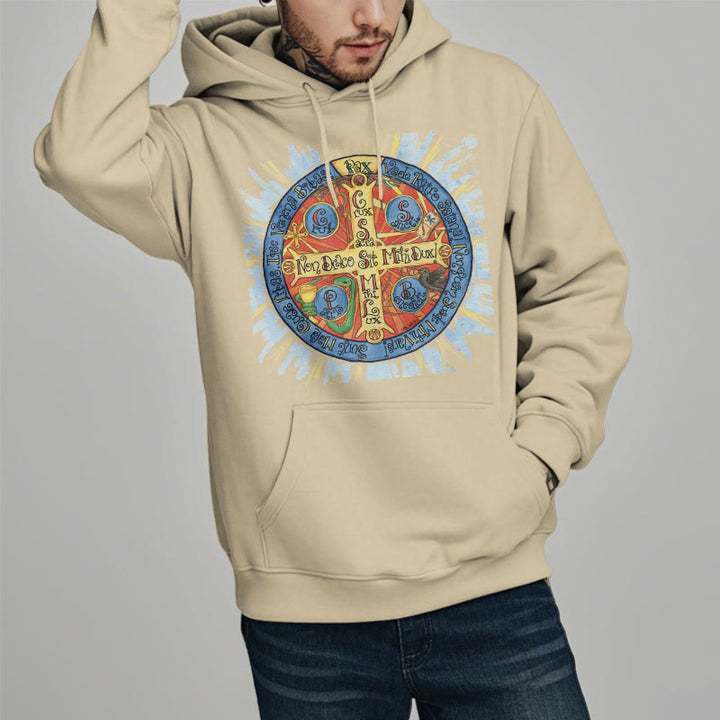 Christianartworkshop Klassischer farbiger Pax-Benediktinerkreuz-Kapuzenpullover aus Polyester mit Fleecefutter