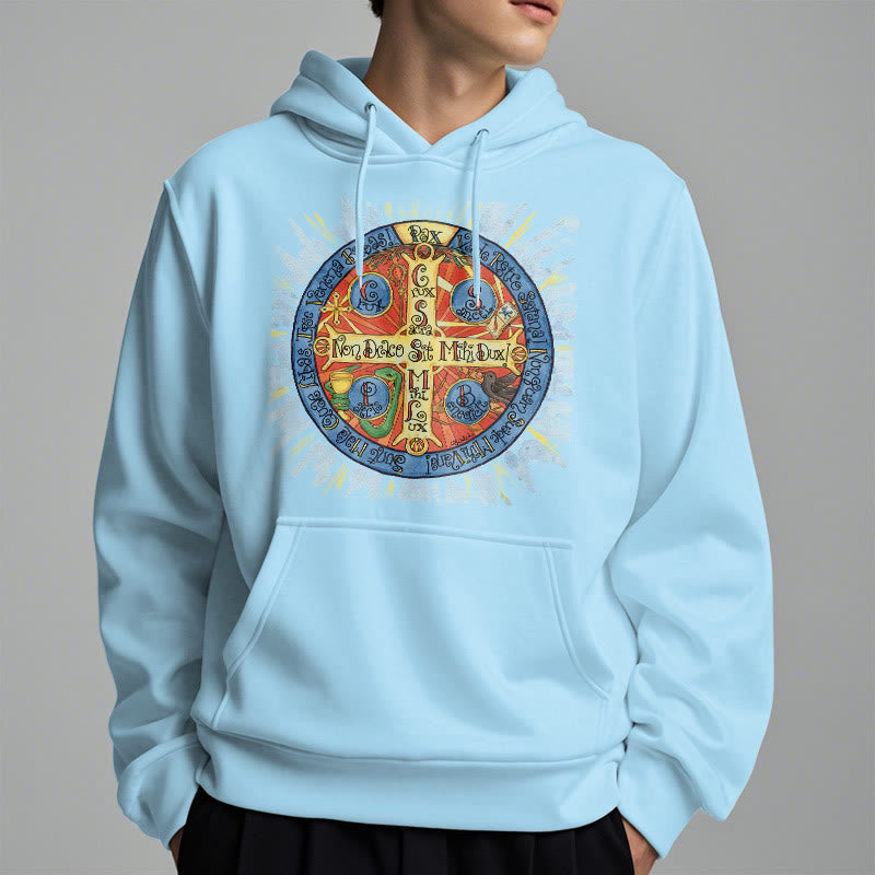 Christianartworkshop Klassischer farbiger Pax-Benediktinerkreuz-Kapuzenpullover aus Polyester mit Fleecefutter