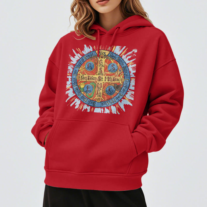 Christianartworkshop Klassischer farbiger Pax-Benediktinerkreuz-Kapuzenpullover aus Polyester mit Fleecefutter