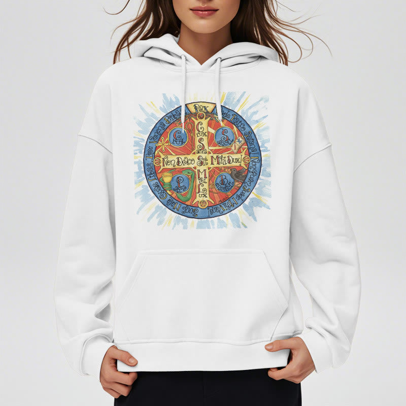Christianartworkshop Klassischer farbiger Pax-Benediktinerkreuz-Kapuzenpullover aus Polyester mit Fleecefutter