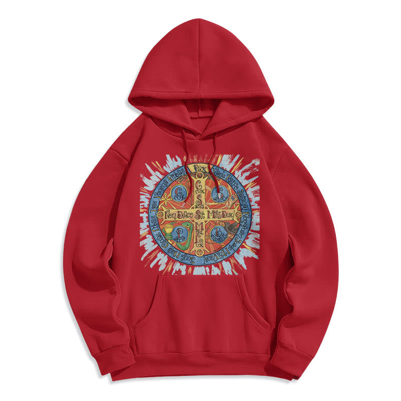 Christianartworkshop Klassischer farbiger Pax-Benediktinerkreuz-Kapuzenpullover aus Polyester mit Fleecefutter