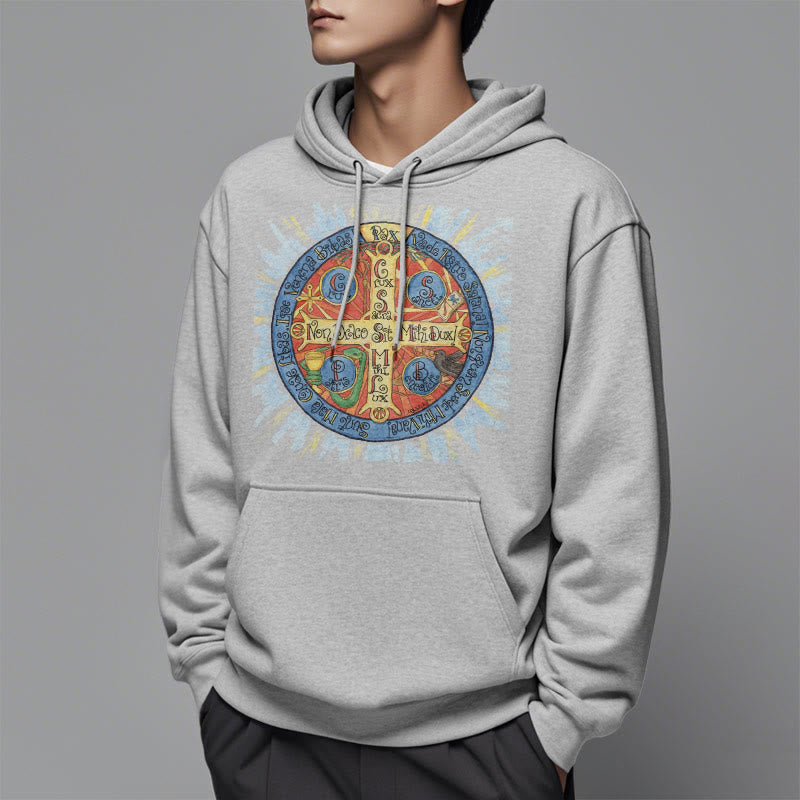 Christianartworkshop Klassischer farbiger Pax-Benediktinerkreuz-Kapuzenpullover aus Polyester mit Fleecefutter