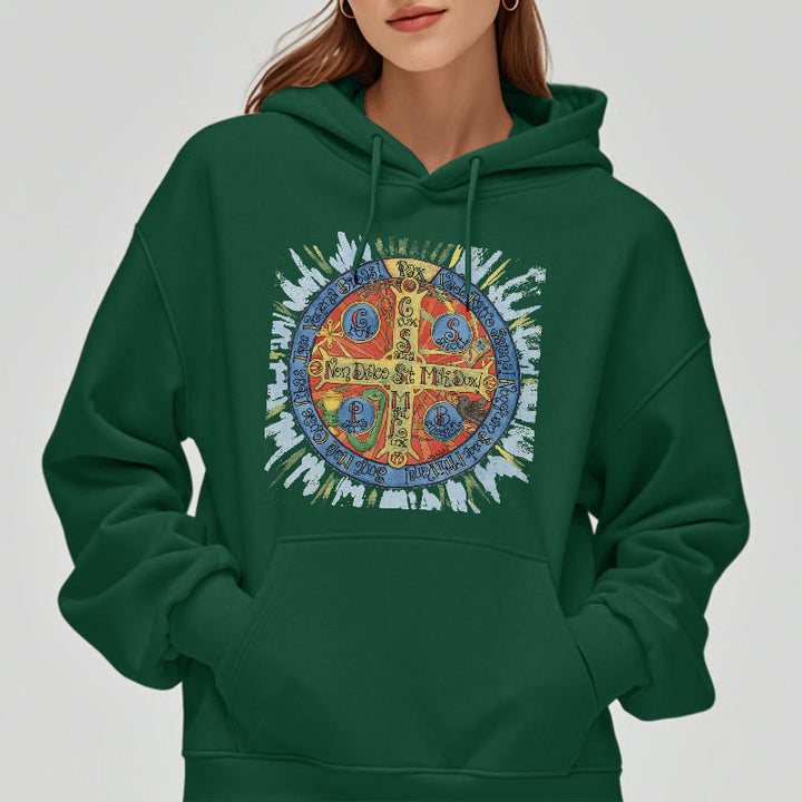 Christianartworkshop Klassischer farbiger Pax-Benediktinerkreuz-Kapuzenpullover aus Polyester mit Fleecefutter