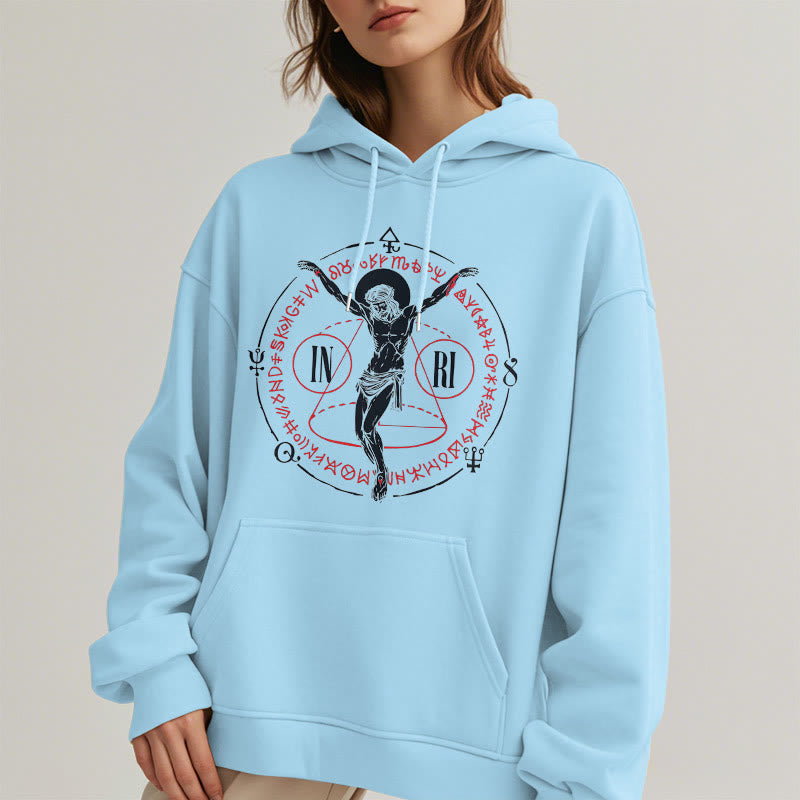 Christianartworkshop Kapuzenpullover aus Polyester im klassischen Stil mit heiligem INRI-Kruzifix und Glaubensmotiv, mit Fleecefutter