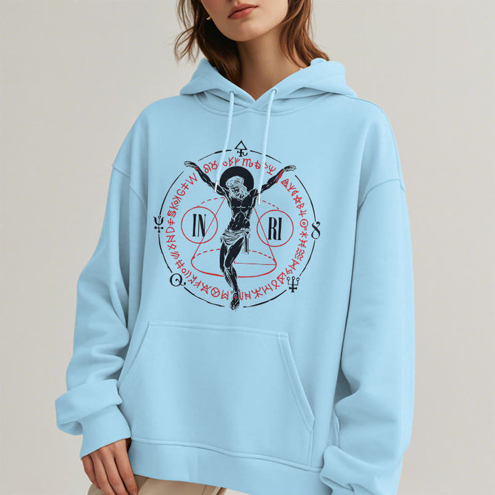 Christianartworkshop Kapuzenpullover aus Polyester im klassischen Stil mit heiligem INRI-Kruzifix und Glaubensmotiv, mit Fleecefutter