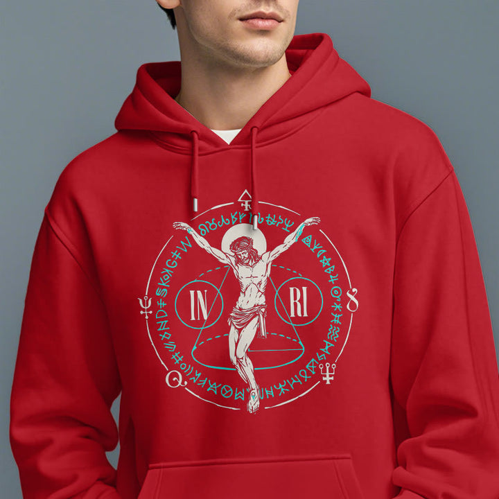 Christianartworkshop Kapuzenpullover aus Polyester im klassischen Stil mit heiligem INRI-Kruzifix und Glaubensmotiv, mit Fleecefutter