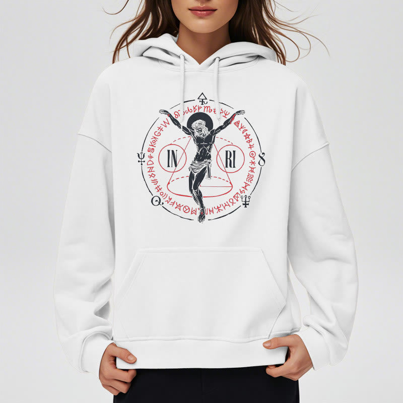 Christianartworkshop Kapuzenpullover aus Polyester im klassischen Stil mit heiligem INRI-Kruzifix und Glaubensmotiv, mit Fleecefutter