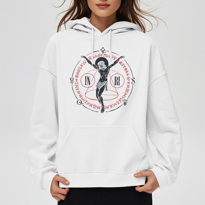 Christianartworkshop Kapuzenpullover aus Polyester im klassischen Stil mit heiligem INRI-Kruzifix und Glaubensmotiv, mit Fleecefutter