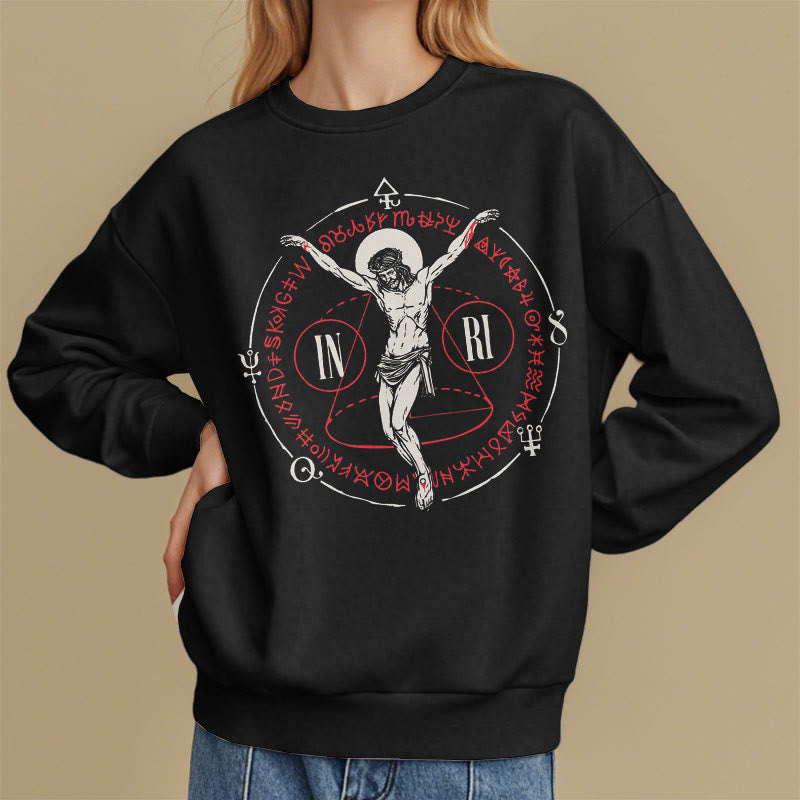 Christianartworkshop Sweatshirt im klassischen Stil mit heiligem INRI-Kruzifix und Glaubensmotiv, Polyester, mit Fleecefutter