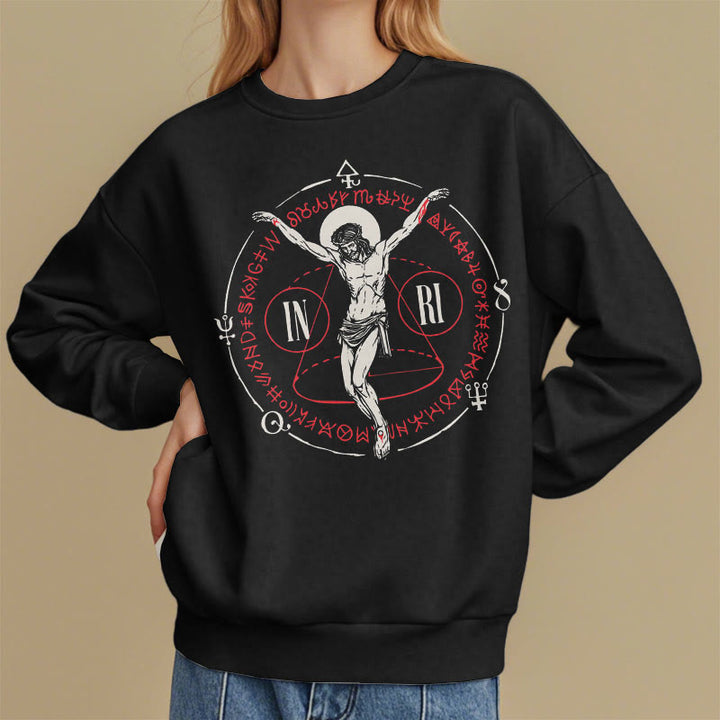 Christianartworkshop Sweatshirt im klassischen Stil mit heiligem INRI-Kruzifix und Glaubensmotiv, Polyester, mit Fleecefutter