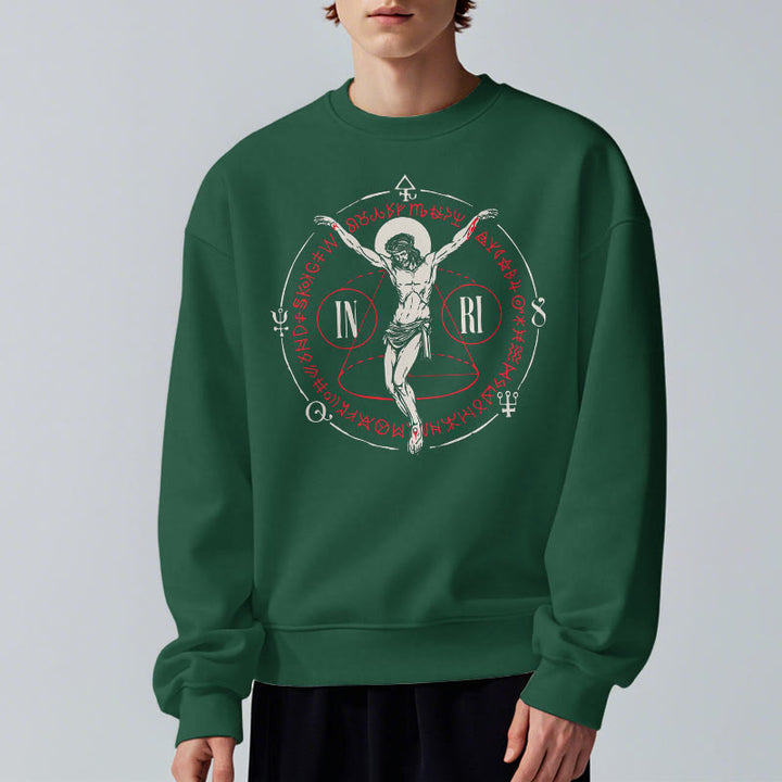 Christianartworkshop Sweatshirt im klassischen Stil mit heiligem INRI-Kruzifix und Glaubensmotiv, Polyester, mit Fleecefutter