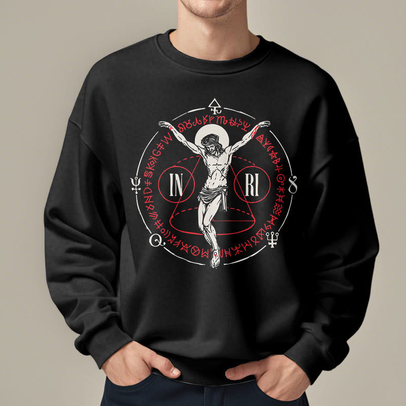 Christianartworkshop Sweatshirt im klassischen Stil mit heiligem INRI-Kruzifix und Glaubensmotiv, Polyester, mit Fleecefutter