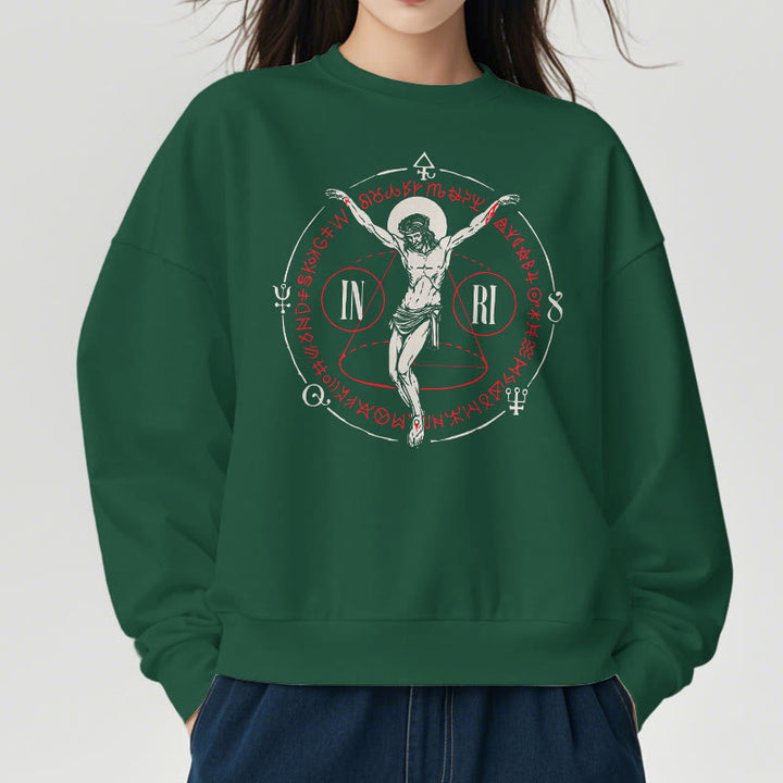 Christianartworkshop Sweatshirt im klassischen Stil mit heiligem INRI-Kruzifix und Glaubensmotiv, Polyester, mit Fleecefutter