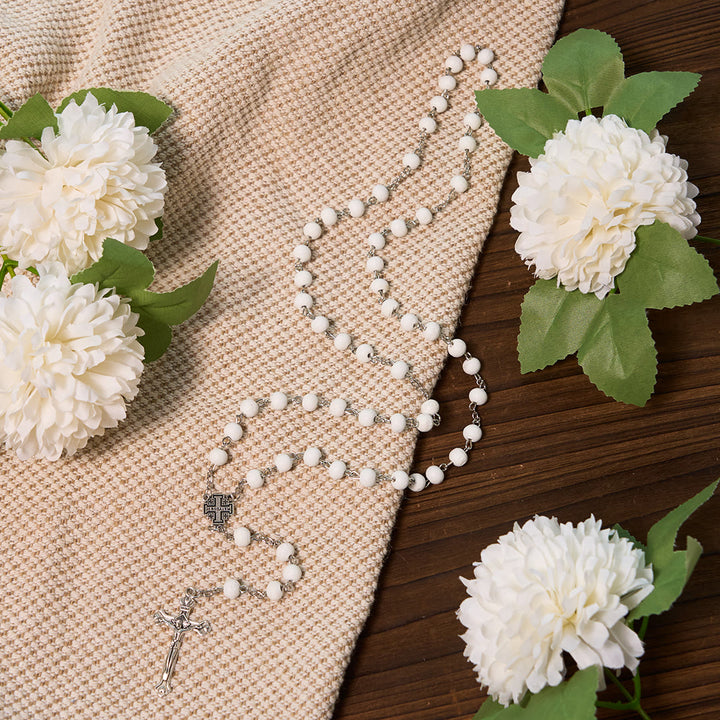 Christianartworkshop Jerusalem-Medaille und Kruzifix, 7 mm rund, weiße Rosenholzlegierung, Rosenkranzkette - image 11