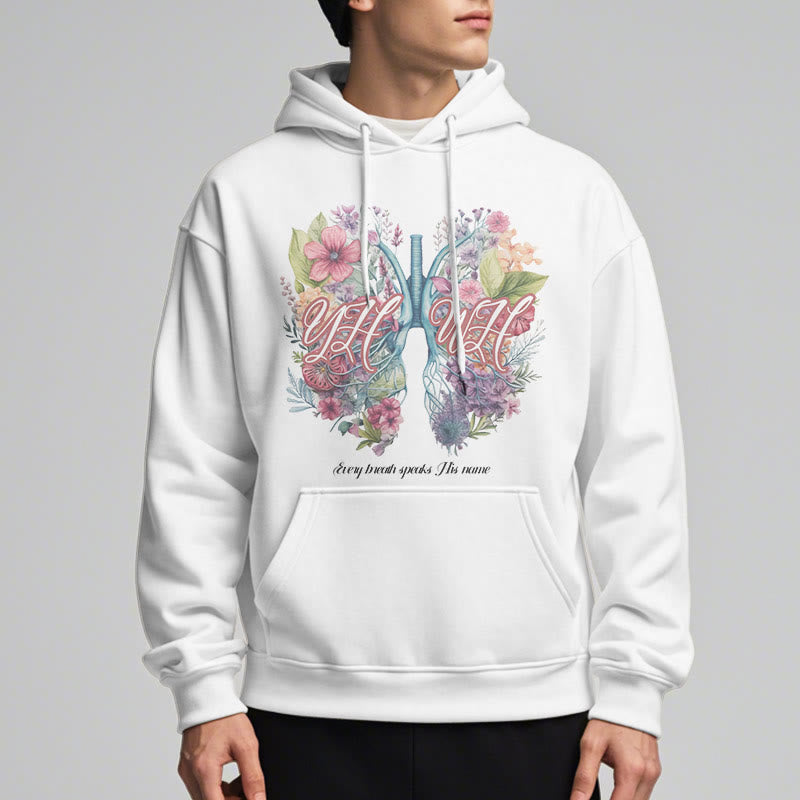 Christianartworkshop Farbiger Stil „Jeder Atemzug spricht seinen Namen“ Polyester-Kapuzenpullover mit Fleecefutter