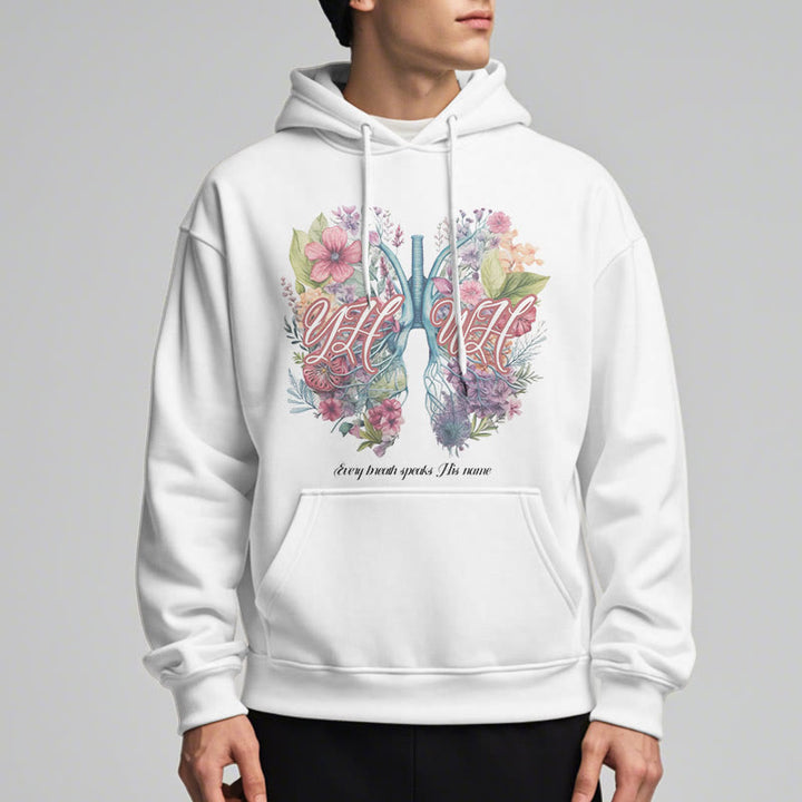 Christianartworkshop Farbiger Stil „Jeder Atemzug spricht seinen Namen“ Polyester-Kapuzenpullover mit Fleecefutter