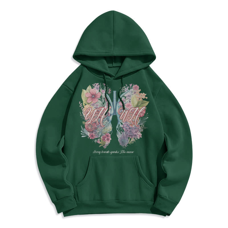 Christianartworkshop Farbiger Stil „Jeder Atemzug spricht seinen Namen“ Polyester-Kapuzenpullover mit Fleecefutter