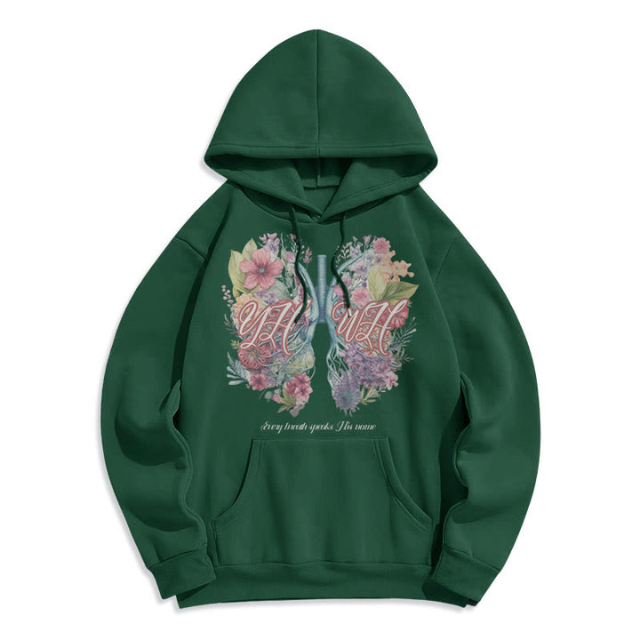 Christianartworkshop Farbiger Stil „Jeder Atemzug spricht seinen Namen“ Polyester-Kapuzenpullover mit Fleecefutter