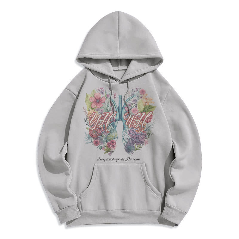 Christianartworkshop Farbiger Stil „Jeder Atemzug spricht seinen Namen“ Polyester-Kapuzenpullover mit Fleecefutter