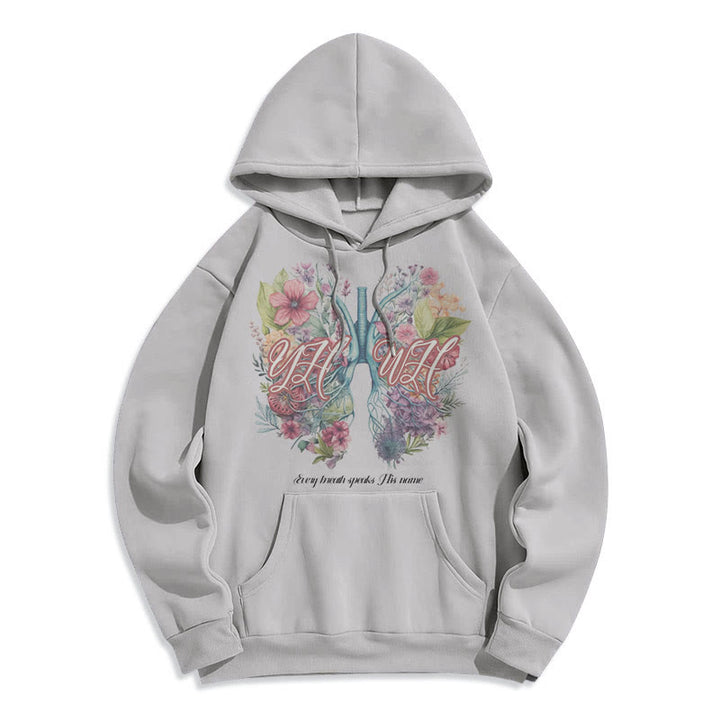Christianartworkshop Farbiger Stil „Jeder Atemzug spricht seinen Namen“ Polyester-Kapuzenpullover mit Fleecefutter
