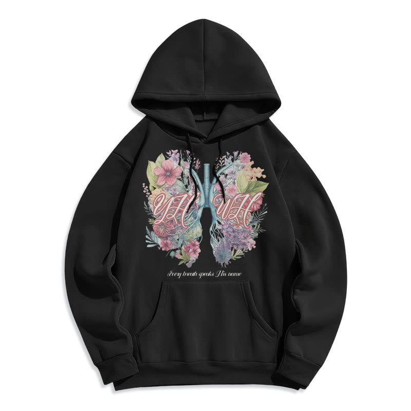 Christianartworkshop Farbiger Stil „Jeder Atemzug spricht seinen Namen“ Polyester-Kapuzenpullover mit Fleecefutter