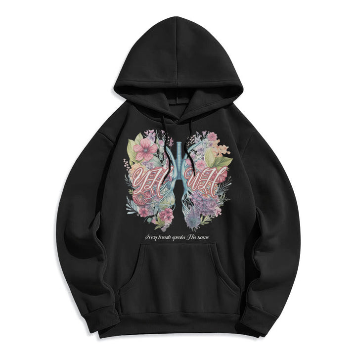 Christianartworkshop Farbiger Stil „Jeder Atemzug spricht seinen Namen“ Polyester-Kapuzenpullover mit Fleecefutter